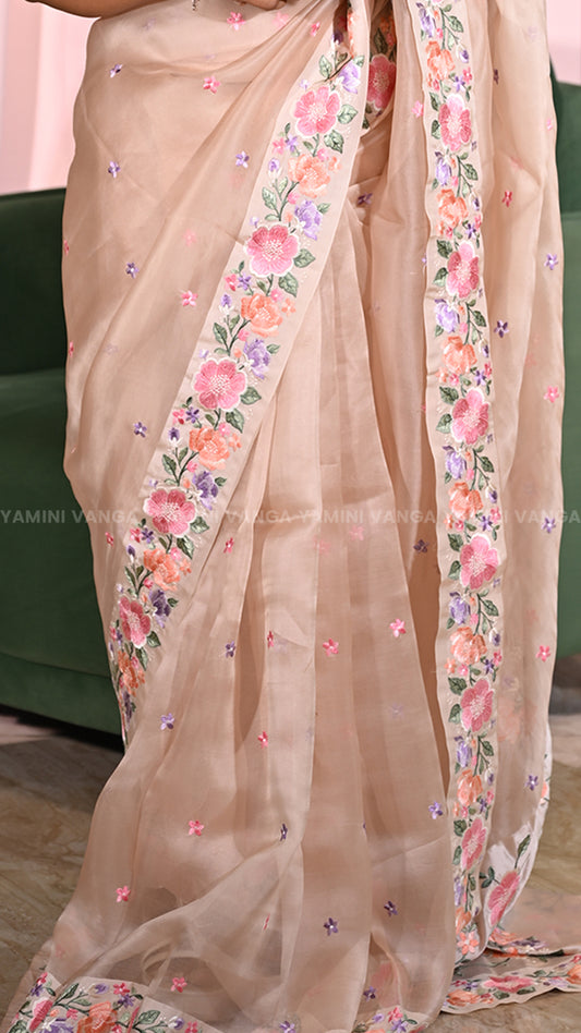peach Floral Embroidered Saree