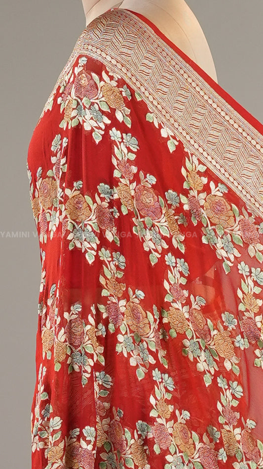 Premium Ivory and Red Printed Silk Saree