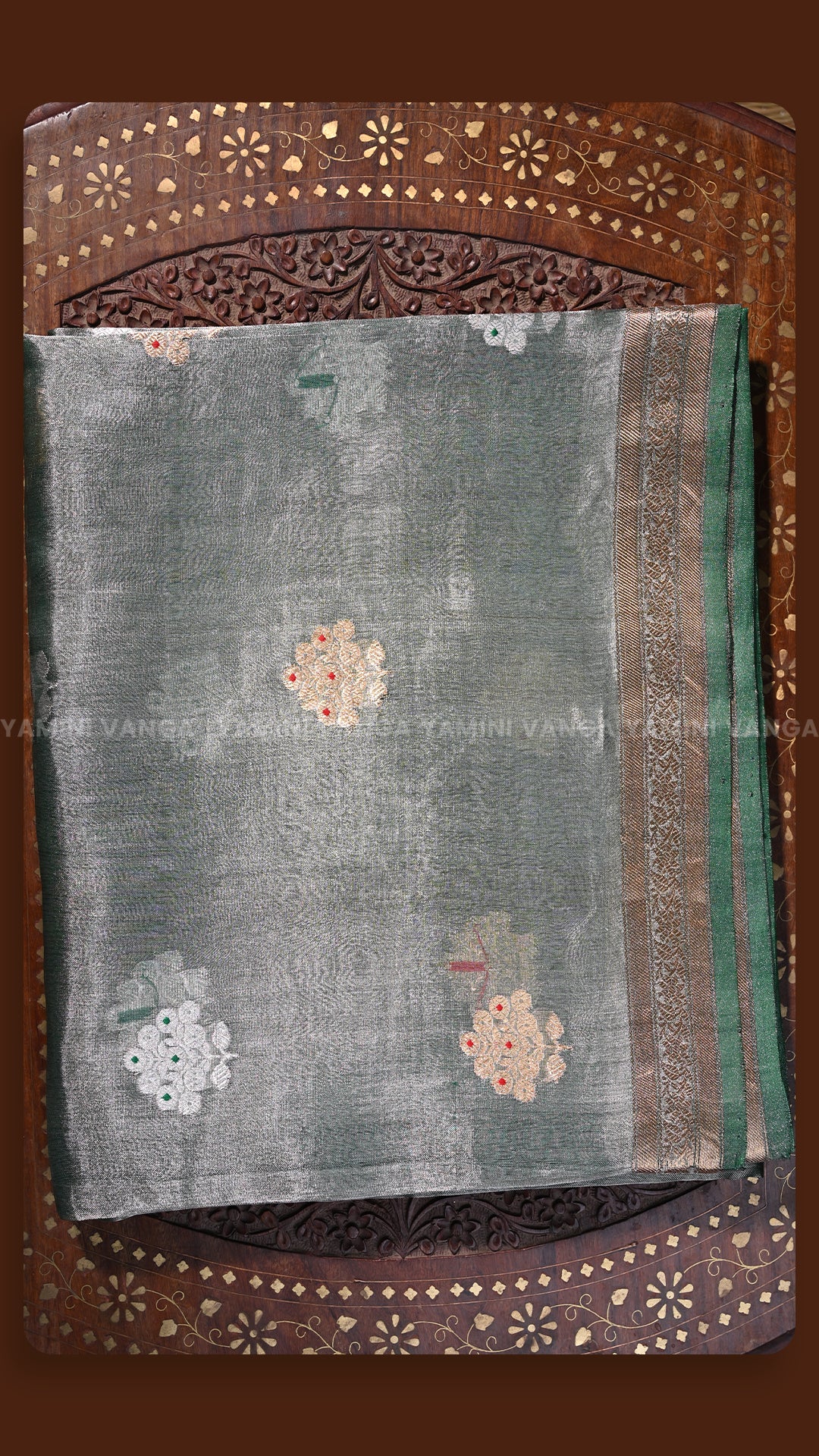 Elegant Sage Green Floral Saree