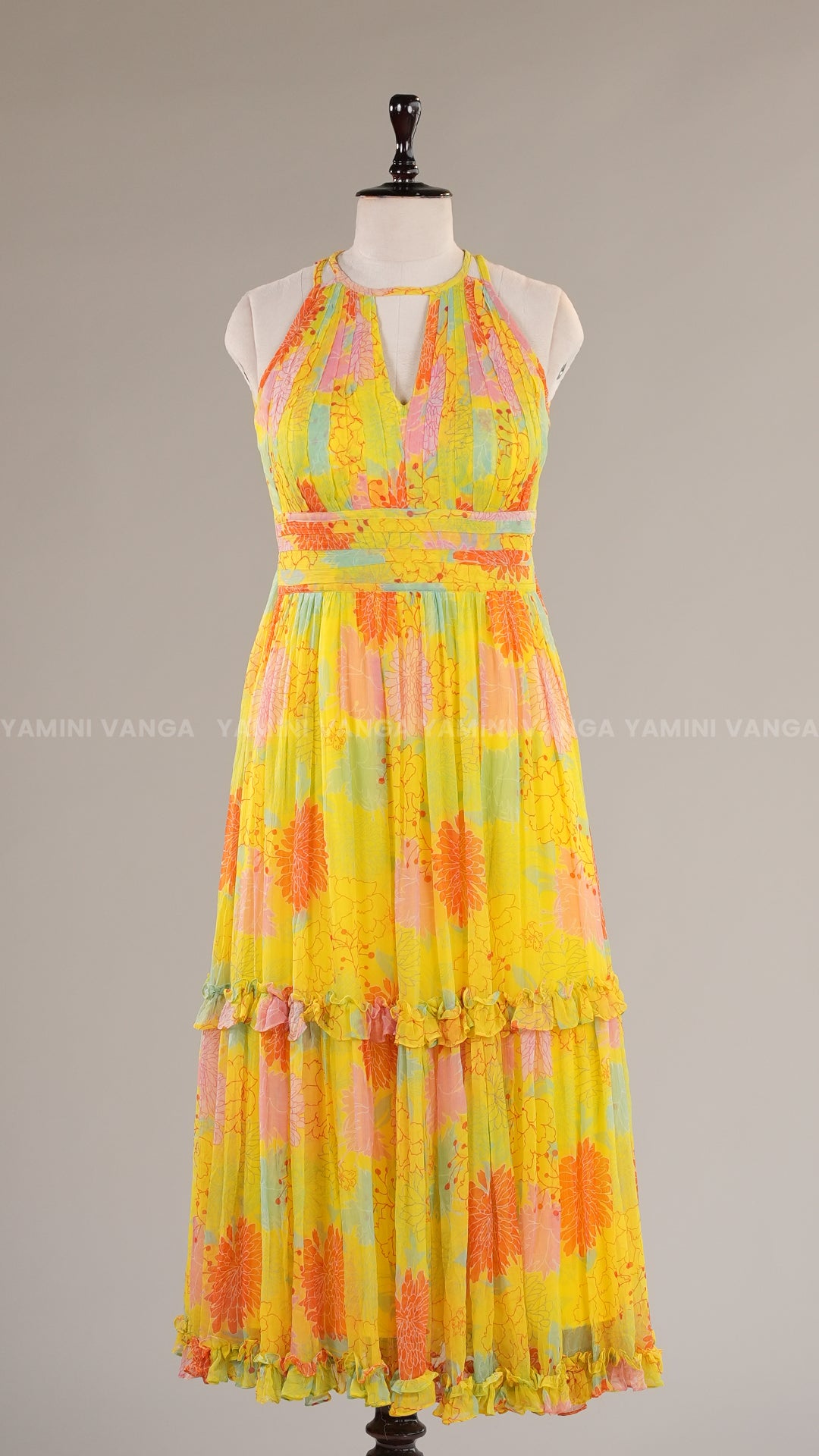 Flowing Halter-Neck Yellow Tiered Dress