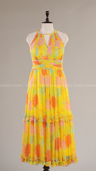 Flowing Halter-Neck Yellow Tiered Dress