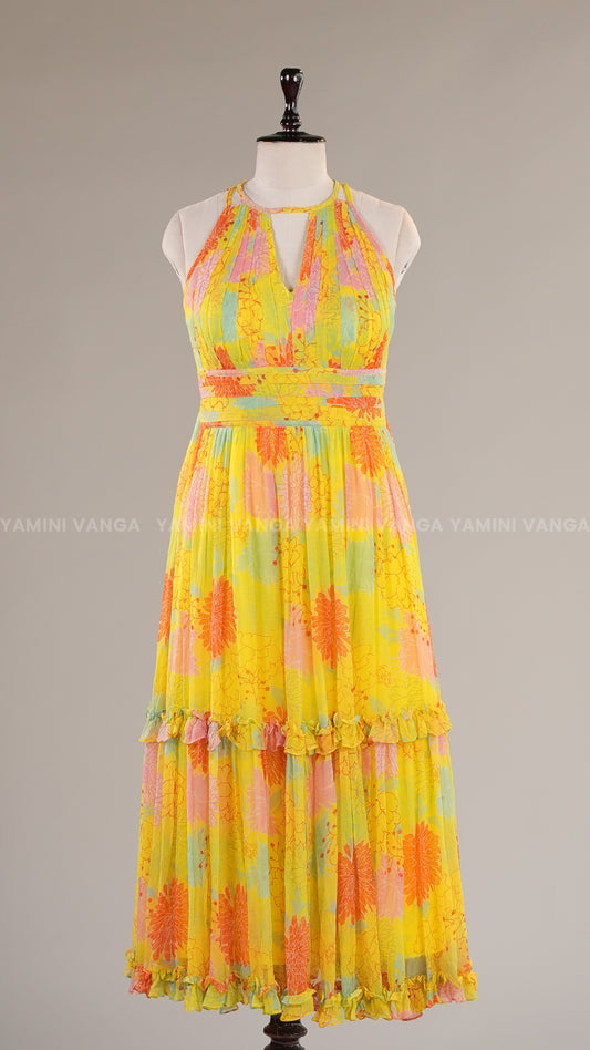 Flowing Halter-Neck Yellow Tiered Dress