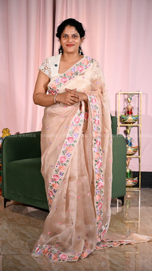 peach Floral Embroidered Saree