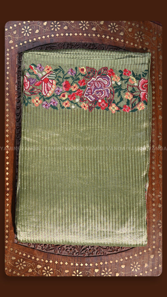 Olive Green Floral Embroidered Ethnic saree