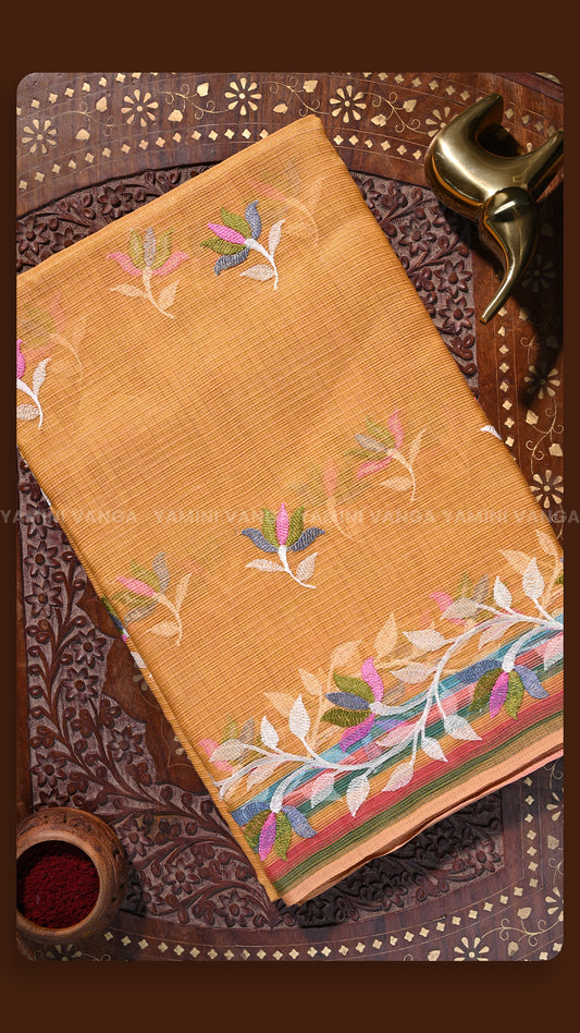 Marigold Mustard Floral Handloom Saree