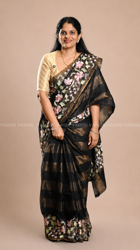 Black Organza Saree with Floral Embroidery