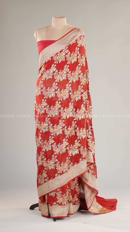 Premium Ivory and Red Printed Silk Saree