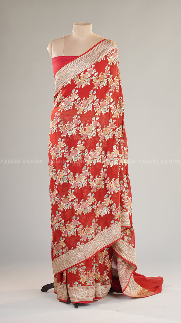 Premium Ivory and Red Printed Silk Saree