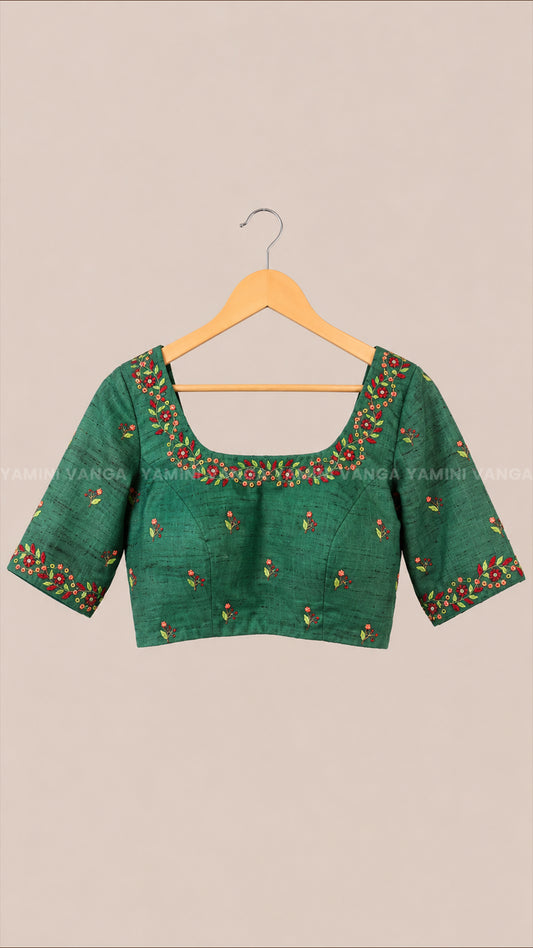 Emerald Green Embroidered Silk Blouse