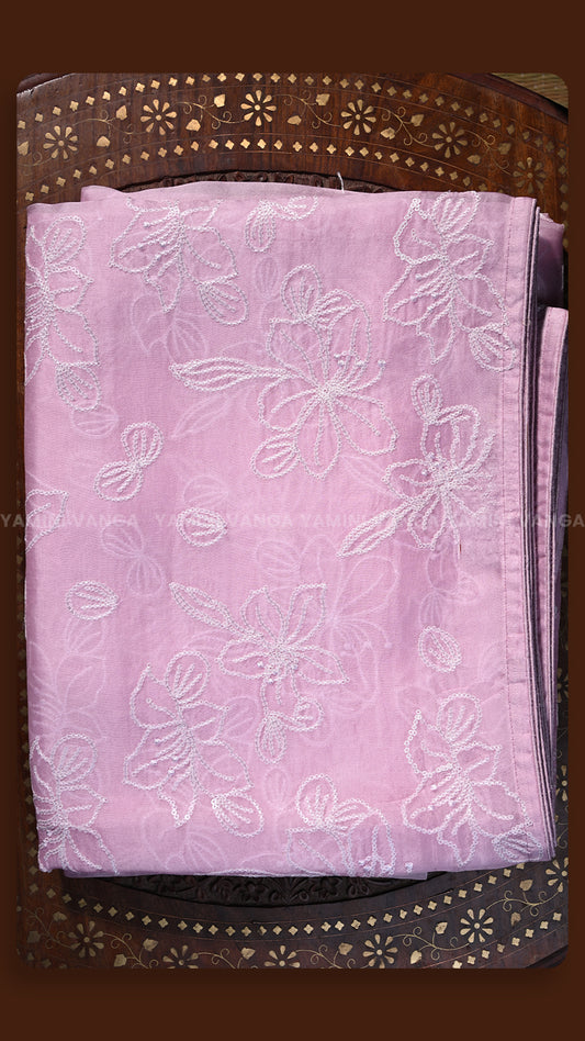 Floral Embroidered Pink Silk Fabric