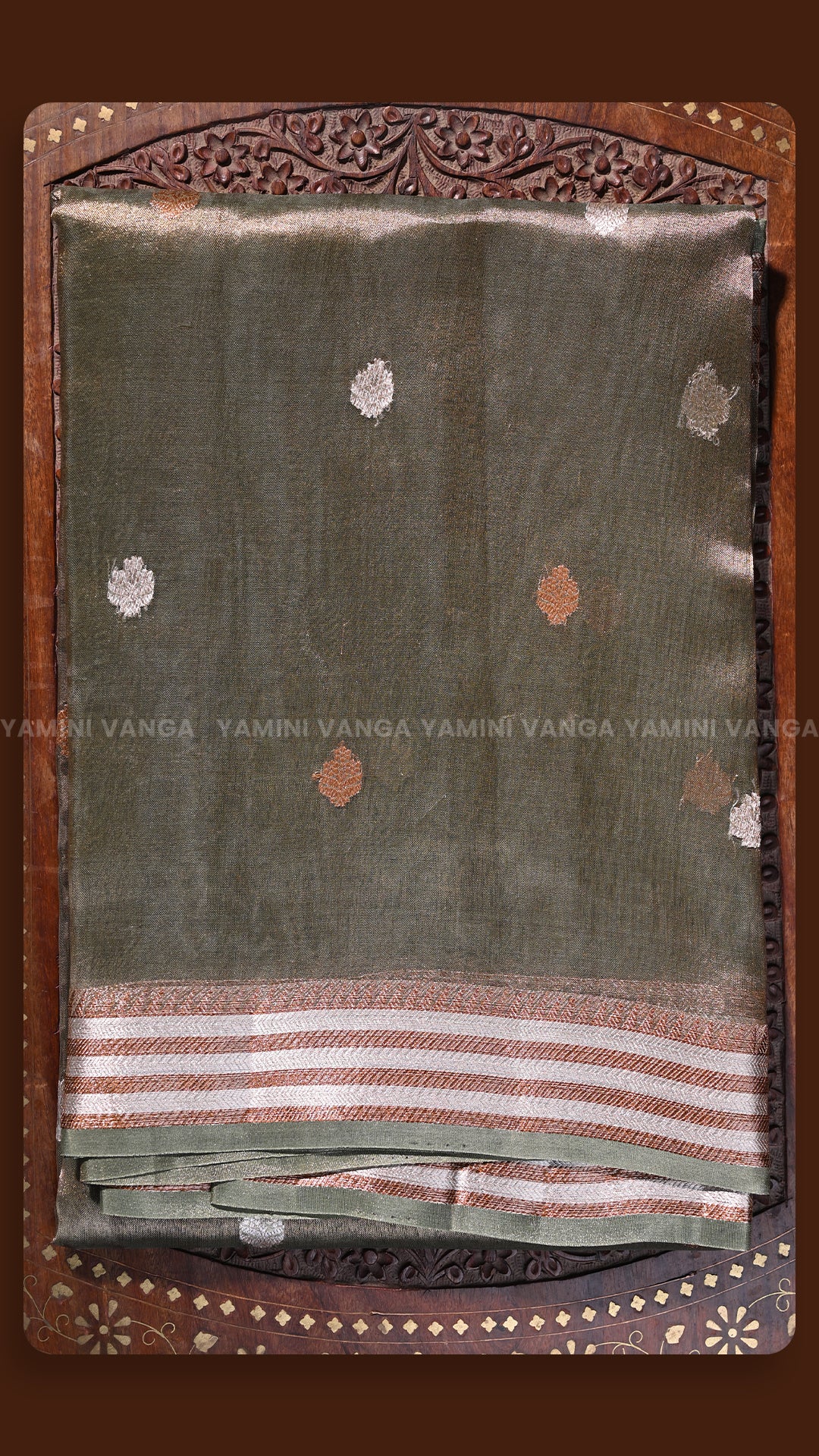Olive Green Hand-Embroidered Traditional Saree