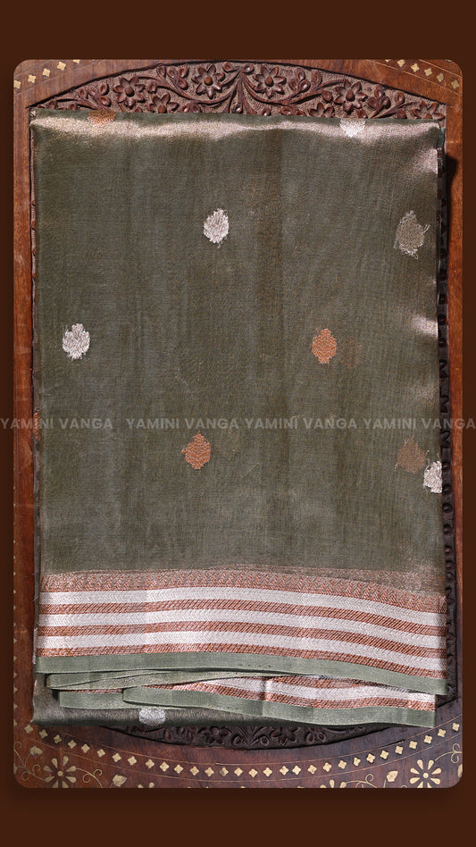 Olive Green Hand-Embroidered Traditional Saree