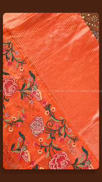 Vibrant Orange Silk Saree with Floral Embroidery