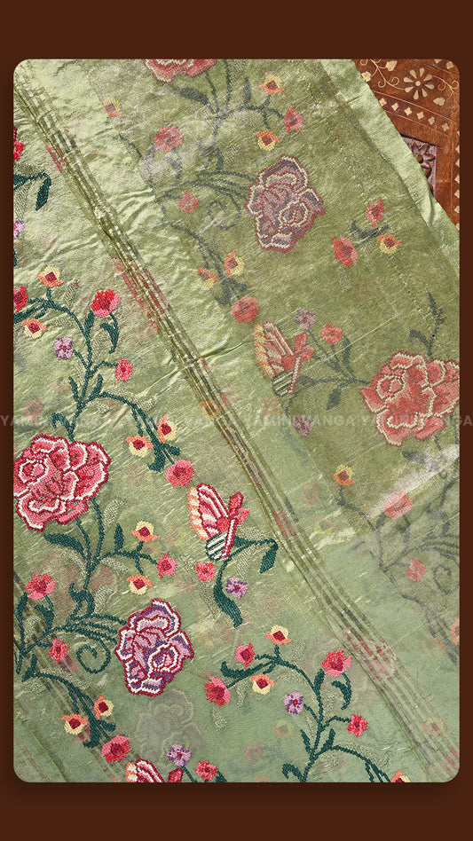 Olive Green Floral Embroidered Ethnic saree