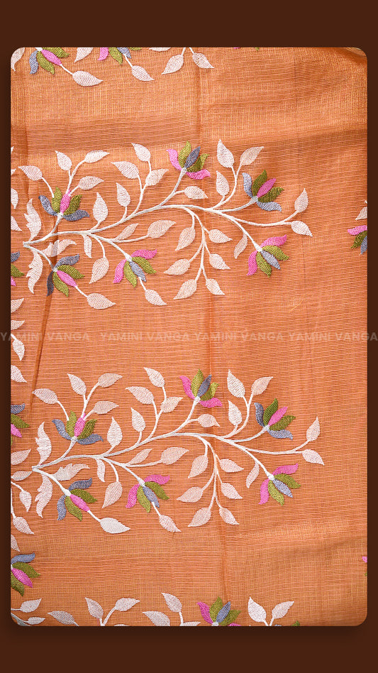 Rust Orange Floral Hand-Embroidered Saree