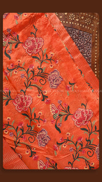 Vibrant Orange Silk Saree with Floral Embroidery