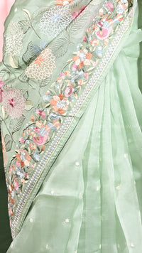 Mint Green Floral Embroidered Saree