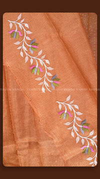 Rust Orange Floral Hand-Embroidered Saree