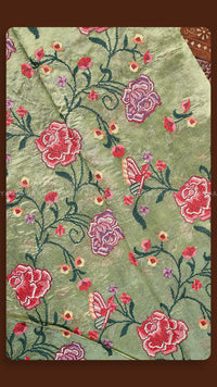 Olive Green Floral Embroidered Ethnic saree