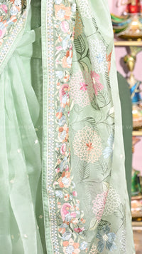 Mint Green Floral Embroidered Saree